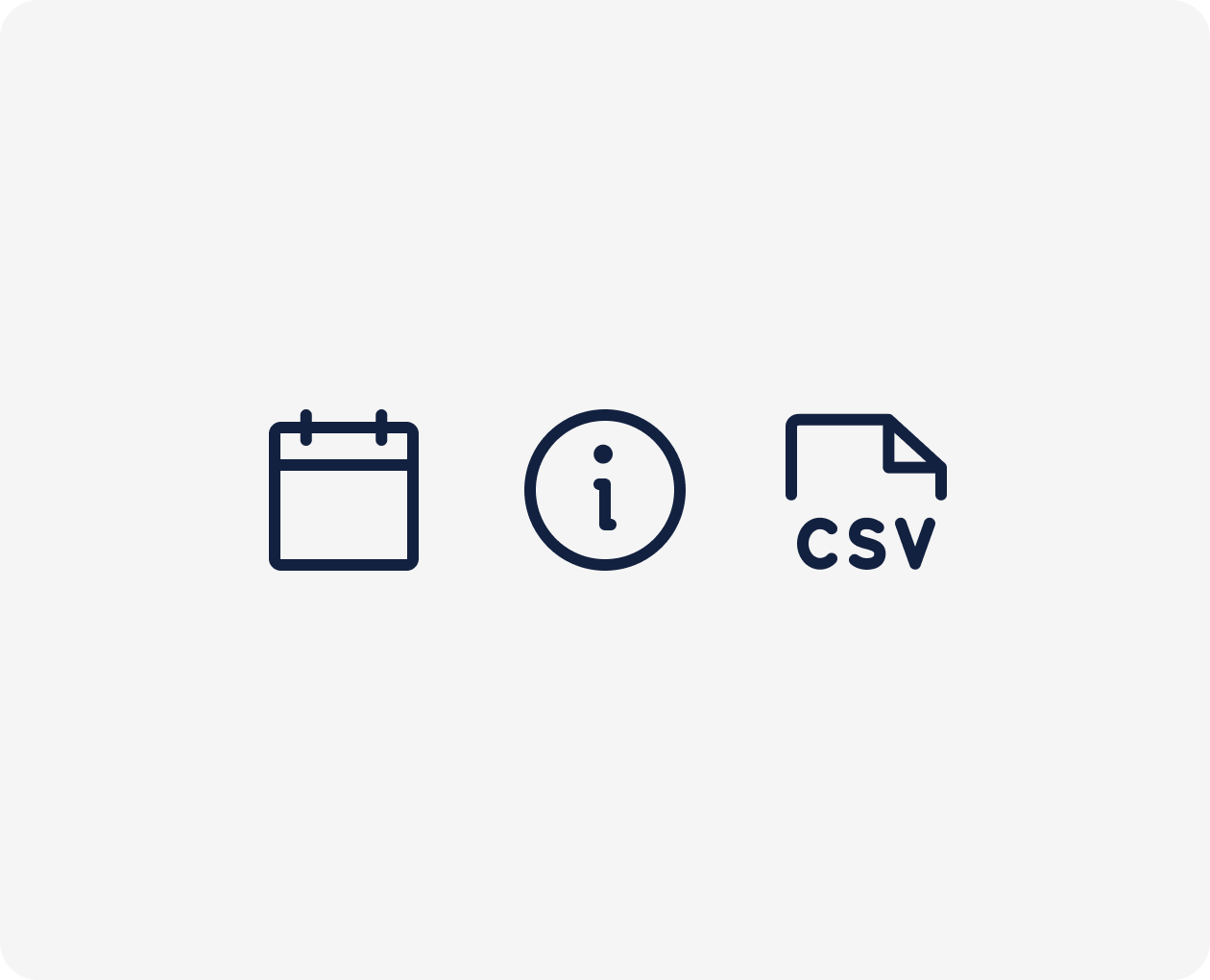 Calendar icon, info icon and csv file icon